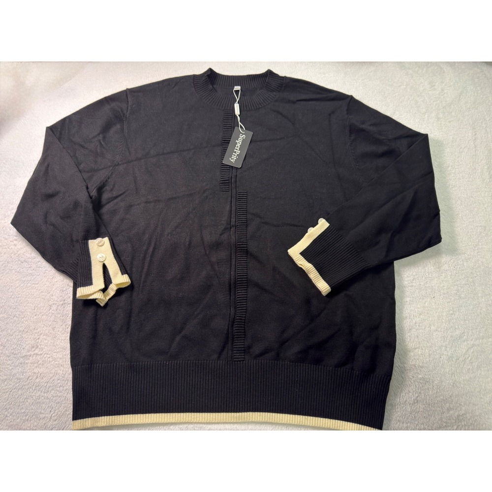 SuperPrity Womens 2XL Black Cream Contrast Trim Crew Neck Sweater M005 NEW